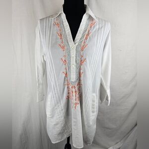 Soft Surroundings Embroidered Lagenlook Bohemian Artsey White Tunic Shirt Sz M